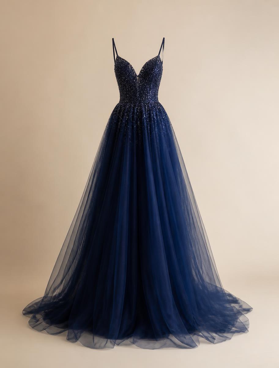 Vestido de renta Azul Noche Brillante